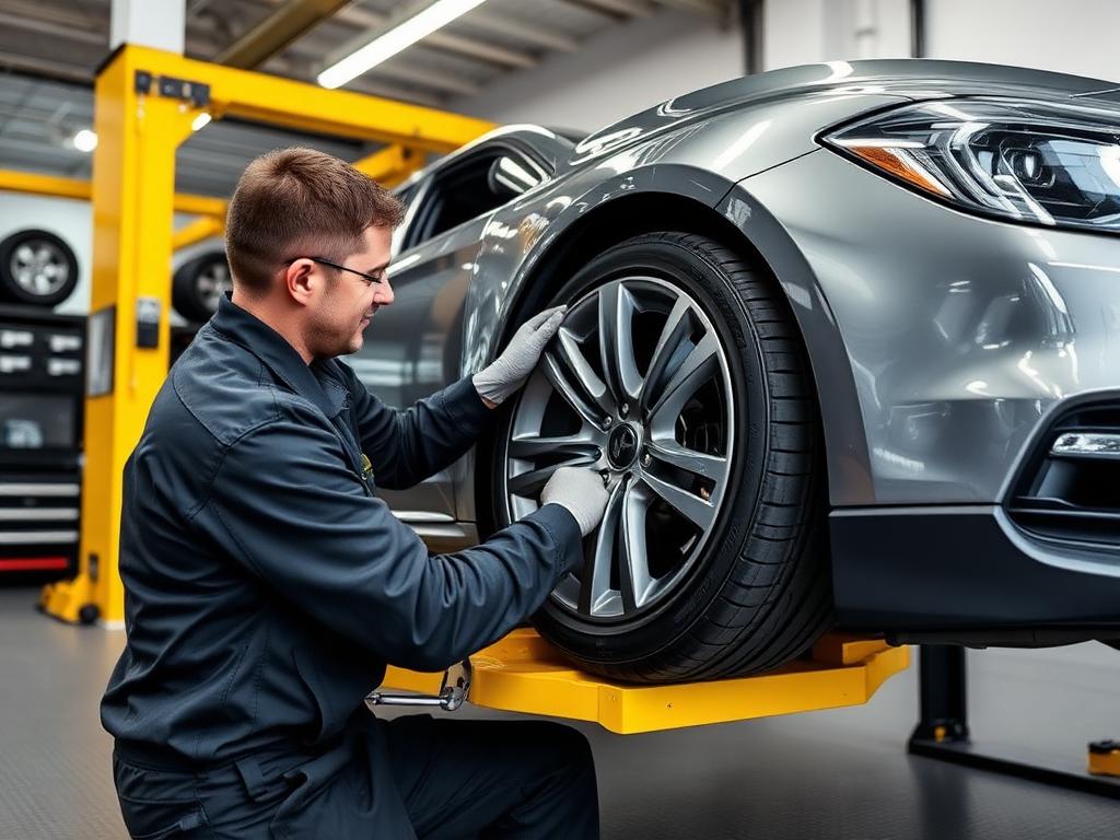 Profissional da WIX PNEUS realizando atendimento automotivo em veículo preto
